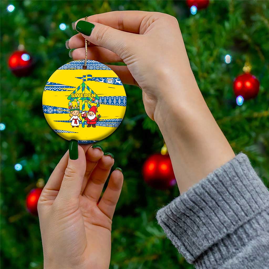 Sweden Christmas Ceramic Ornament with Santa Lucia Girl Midsummer Pole Swedish Flag and Nordic Pattern Design - Wonder Print Shop