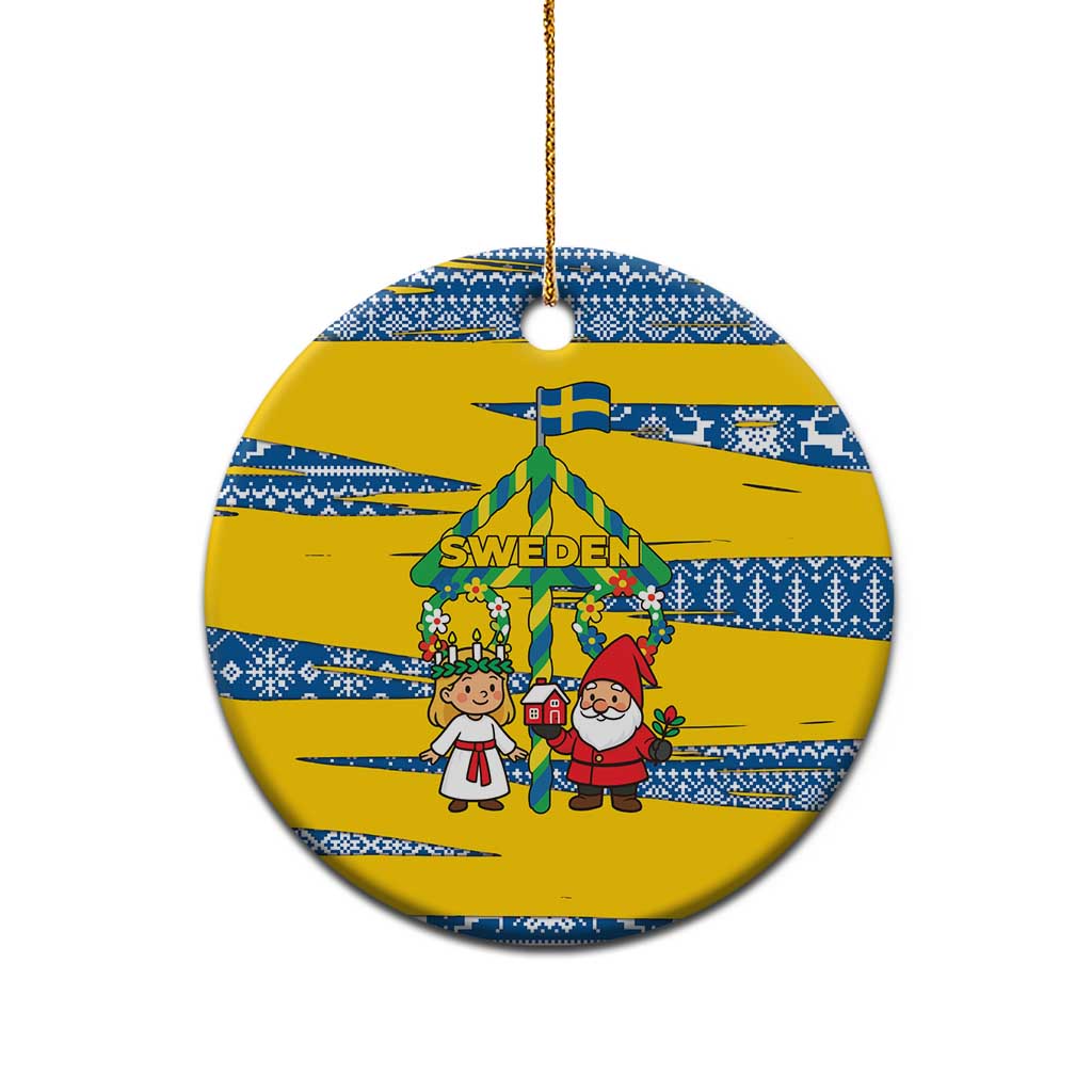 Sweden Christmas Ceramic Ornament with Santa Lucia Girl Midsummer Pole Swedish Flag and Nordic Pattern Design - Wonder Print Shop