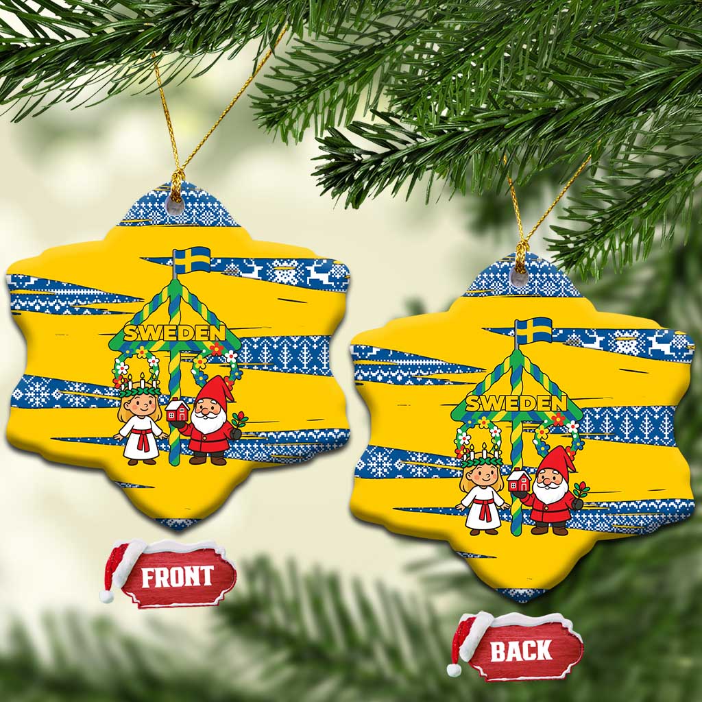 Sweden Christmas Ceramic Ornament with Santa Lucia Girl Midsummer Pole Swedish Flag and Nordic Pattern Design - Wonder Print Shop