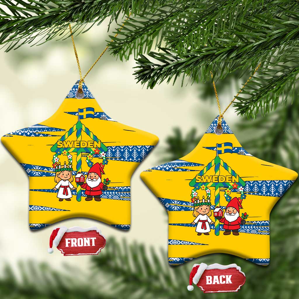 Sweden Christmas Ceramic Ornament with Santa Lucia Girl Midsummer Pole Swedish Flag and Nordic Pattern Design - Wonder Print Shop