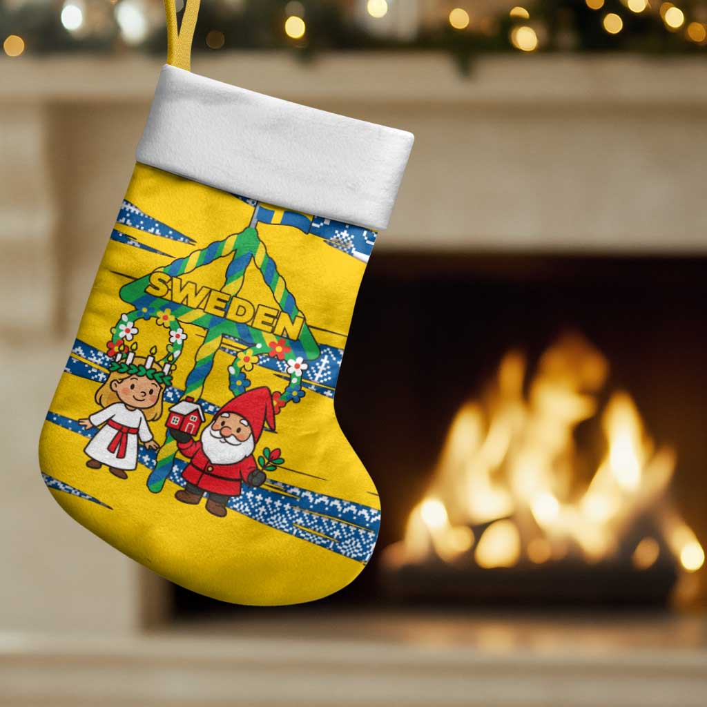 Sweden Christmas Stocking with Santa Lucia Girl Midsummer Pole Swedish Flag and Nordic Pattern Design - Wonder Print Shop