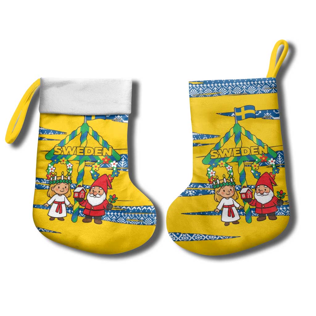Sweden Christmas Stocking with Santa Lucia Girl Midsummer Pole Swedish Flag and Nordic Pattern Design - Wonder Print Shop
