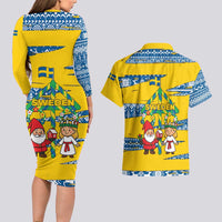 Sweden Christmas Couples Matching Long Sleeve Bodycon Dress and Hawaiian Shirt with Santa Lucia Girl Midsummer Pole Swedish Flag and Nordic Pattern Design - Wonder Print Shop