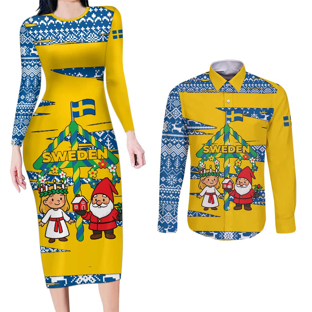 Sweden Christmas Couples Matching Long Sleeve Bodycon Dress and Long Sleeve Button Shirt with Santa Lucia Girl Midsummer Pole Swedish Flag and Nordic Pattern Design - Wonder Print Shop