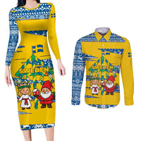 Sweden Christmas Couples Matching Long Sleeve Bodycon Dress and Long Sleeve Button Shirt with Santa Lucia Girl Midsummer Pole Swedish Flag and Nordic Pattern Design - Wonder Print Shop