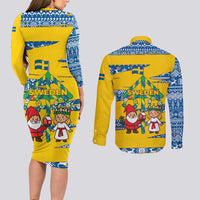 Sweden Christmas Couples Matching Long Sleeve Bodycon Dress and Long Sleeve Button Shirt with Santa Lucia Girl Midsummer Pole Swedish Flag and Nordic Pattern Design - Wonder Print Shop