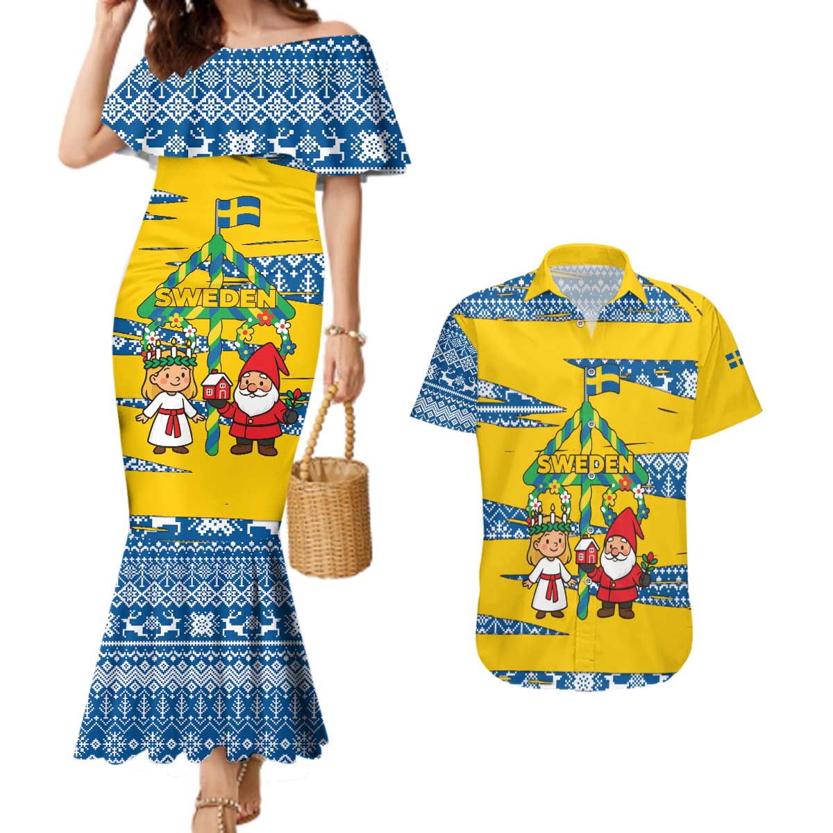 Sweden Christmas Couples Matching Mermaid Dress and Hawaiian Shirt with Santa Lucia Girl Midsummer Pole Swedish Flag and Nordic Pattern Design - Wonder Print Shop