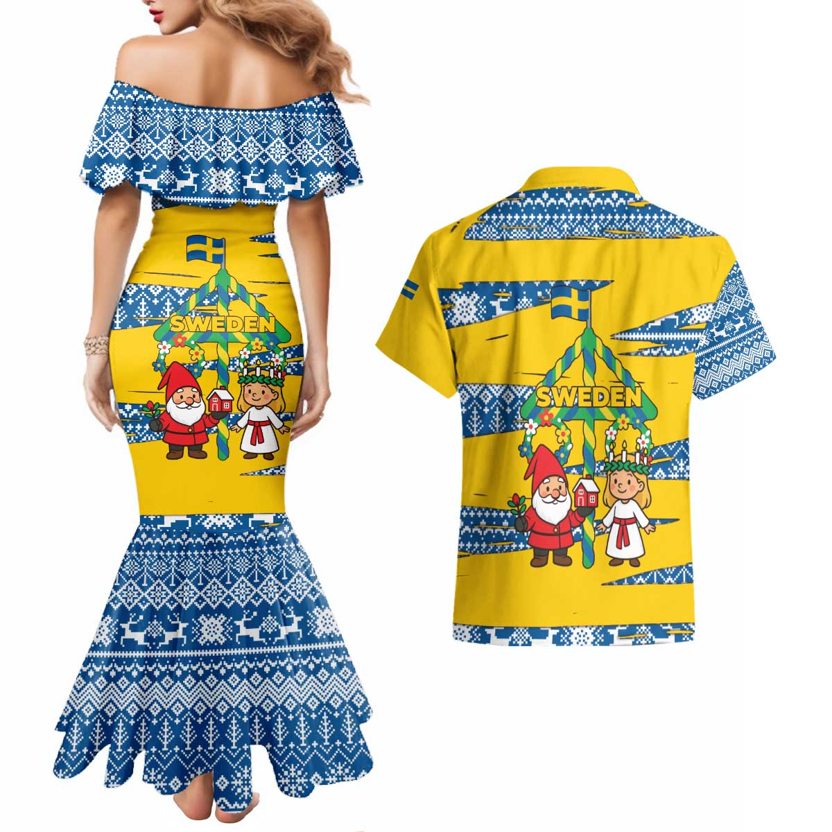 Sweden Christmas Couples Matching Mermaid Dress and Hawaiian Shirt with Santa Lucia Girl Midsummer Pole Swedish Flag and Nordic Pattern Design - Wonder Print Shop