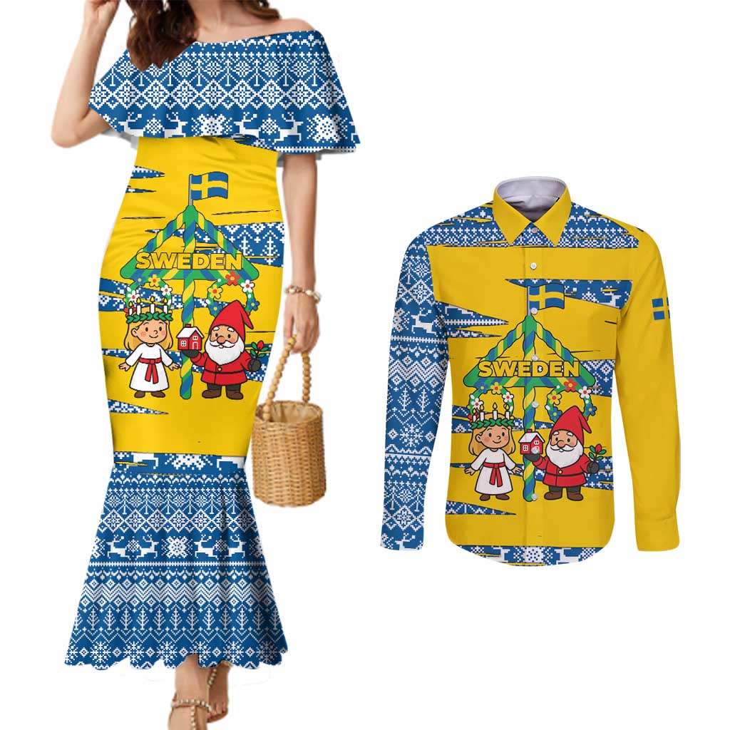 Sweden Christmas Couples Matching Mermaid Dress and Long Sleeve Button Shirt with Santa Lucia Girl Midsummer Pole Swedish Flag and Nordic Pattern Design - Wonder Print Shop