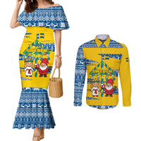 Sweden Christmas Couples Matching Mermaid Dress and Long Sleeve Button Shirt with Santa Lucia Girl Midsummer Pole Swedish Flag and Nordic Pattern Design - Wonder Print Shop