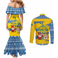 Sweden Christmas Couples Matching Mermaid Dress and Long Sleeve Button Shirt with Santa Lucia Girl Midsummer Pole Swedish Flag and Nordic Pattern Design - Wonder Print Shop