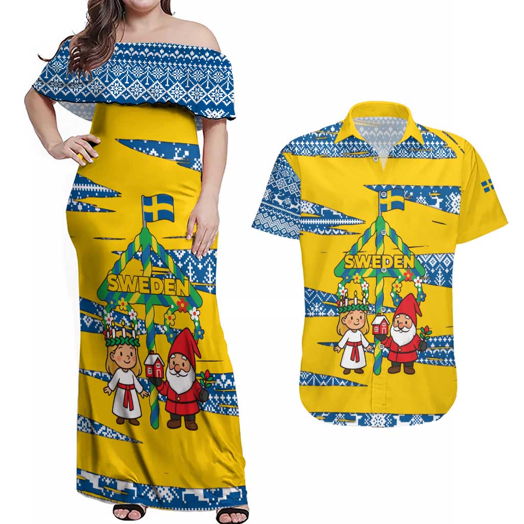 Sweden Christmas Couples Matching Off Shoulder Maxi Dress and Hawaiian Shirt with Santa Lucia Girl Midsummer Pole Swedish Flag and Nordic Pattern Design - Wonder Print Shop