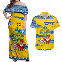 Sweden Christmas Couples Matching Off Shoulder Maxi Dress and Hawaiian Shirt with Santa Lucia Girl Midsummer Pole Swedish Flag and Nordic Pattern Design - Wonder Print Shop