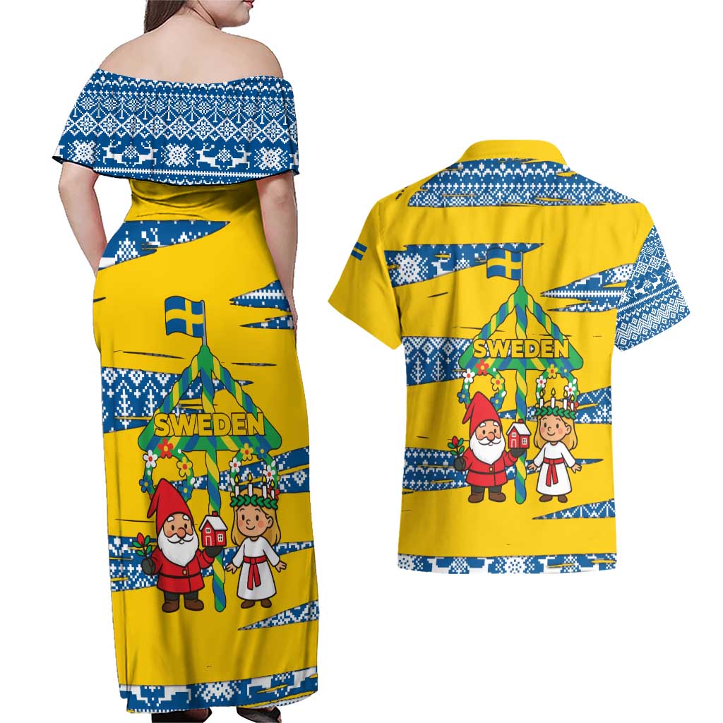 Sweden Christmas Couples Matching Off Shoulder Maxi Dress and Hawaiian Shirt with Santa Lucia Girl Midsummer Pole Swedish Flag and Nordic Pattern Design - Wonder Print Shop