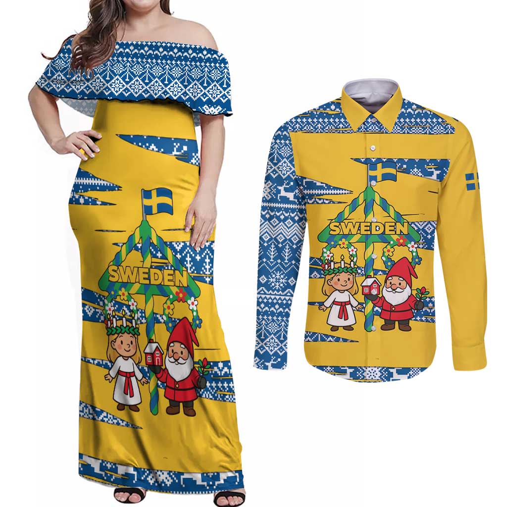 Sweden Christmas Couples Matching Off Shoulder Maxi Dress and Long Sleeve Button Shirt with Santa Lucia Girl Midsummer Pole Swedish Flag and Nordic Pattern Design - Wonder Print Shop
