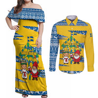 Sweden Christmas Couples Matching Off Shoulder Maxi Dress and Long Sleeve Button Shirt with Santa Lucia Girl Midsummer Pole Swedish Flag and Nordic Pattern Design - Wonder Print Shop