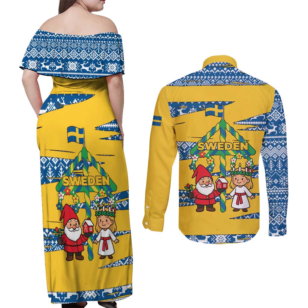 Sweden Christmas Couples Matching Off Shoulder Maxi Dress and Long Sleeve Button Shirt with Santa Lucia Girl Midsummer Pole Swedish Flag and Nordic Pattern Design - Wonder Print Shop