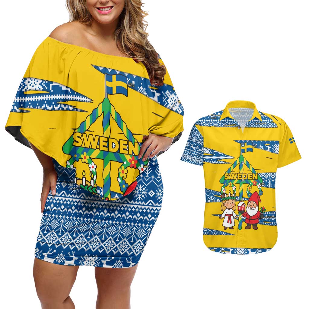 Sweden Christmas Couples Matching Off Shoulder Short Dress and Hawaiian Shirt with Santa Lucia Girl Midsummer Pole Swedish Flag and Nordic Pattern Design - Wonder Print Shop
