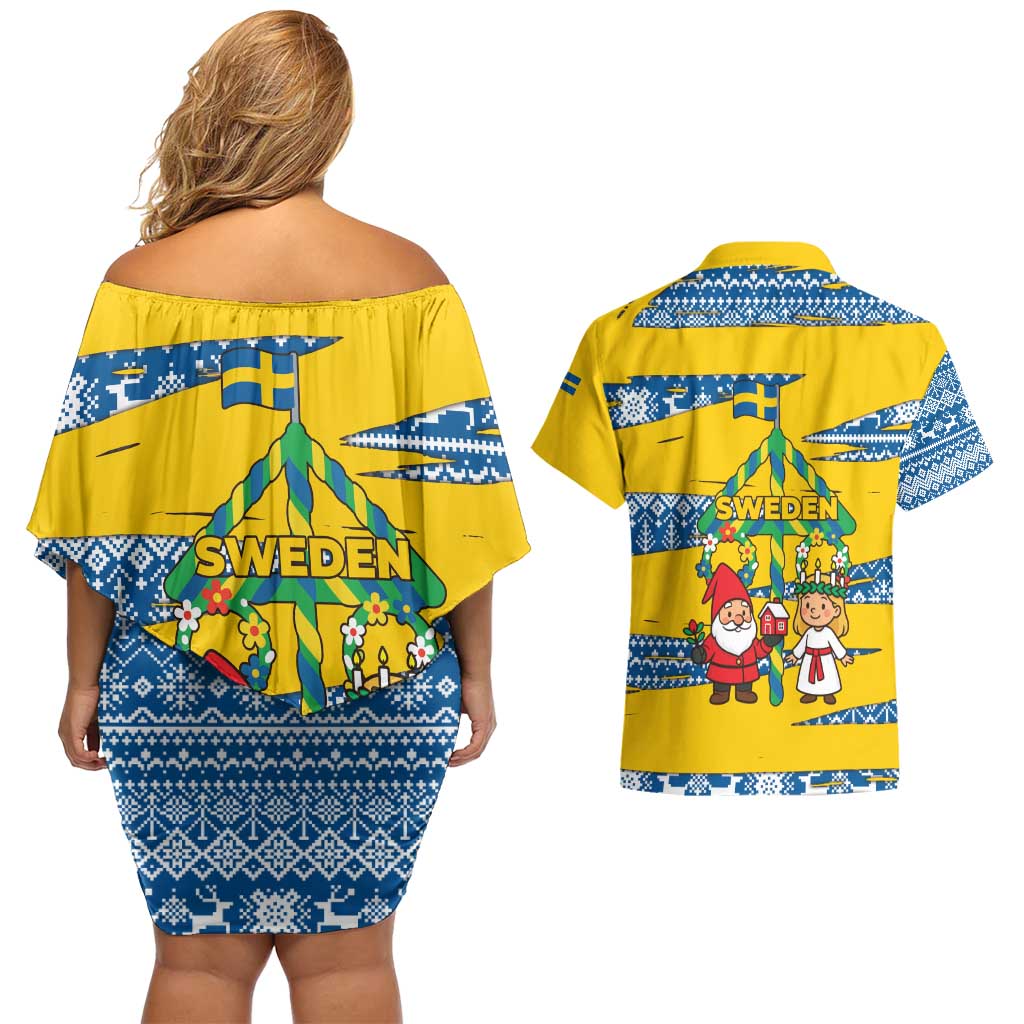 Sweden Christmas Couples Matching Off Shoulder Short Dress and Hawaiian Shirt with Santa Lucia Girl Midsummer Pole Swedish Flag and Nordic Pattern Design - Wonder Print Shop