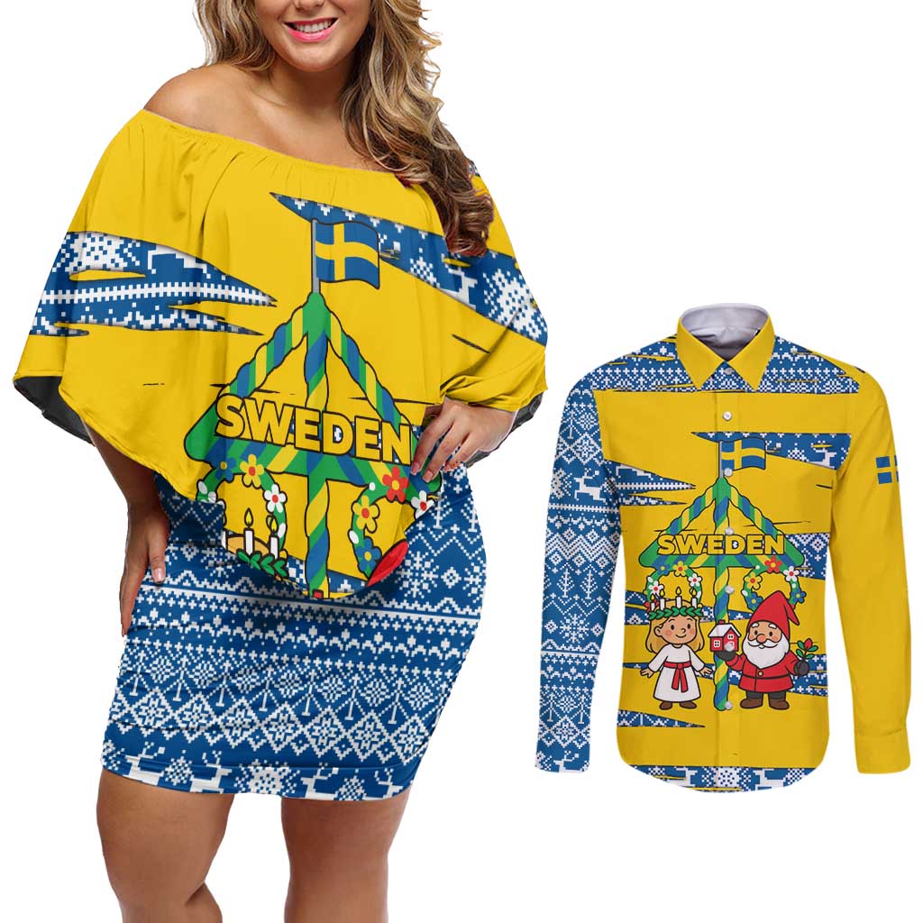 Sweden Christmas Couples Matching Off Shoulder Short Dress and Long Sleeve Button Shirt with Santa Lucia Girl Midsummer Pole Swedish Flag and Nordic Pattern Design - Wonder Print Shop
