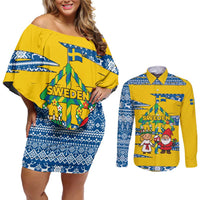 Sweden Christmas Couples Matching Off Shoulder Short Dress and Long Sleeve Button Shirt with Santa Lucia Girl Midsummer Pole Swedish Flag and Nordic Pattern Design - Wonder Print Shop
