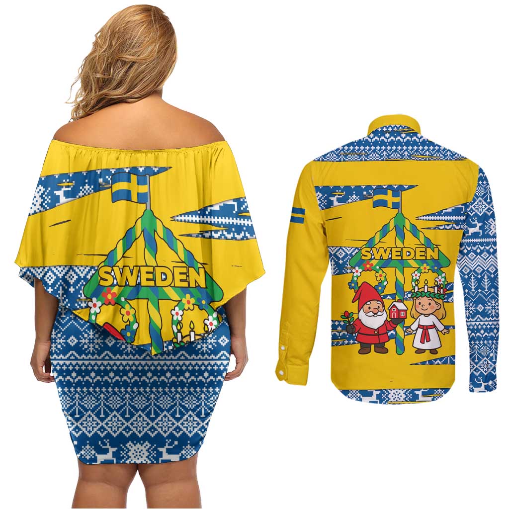Sweden Christmas Couples Matching Off Shoulder Short Dress and Long Sleeve Button Shirt with Santa Lucia Girl Midsummer Pole Swedish Flag and Nordic Pattern Design - Wonder Print Shop