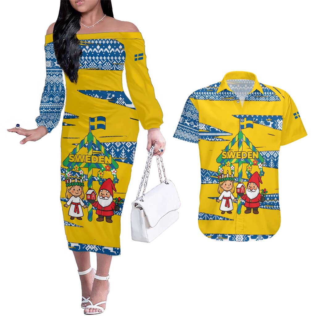 Sweden Christmas Couples Matching Off The Shoulder Long Sleeve Dress and Hawaiian Shirt with Santa Lucia Girl Midsummer Pole Swedish Flag and Nordic Pattern Design - Wonder Print Shop