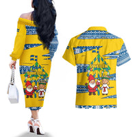 Sweden Christmas Couples Matching Off The Shoulder Long Sleeve Dress and Hawaiian Shirt with Santa Lucia Girl Midsummer Pole Swedish Flag and Nordic Pattern Design - Wonder Print Shop