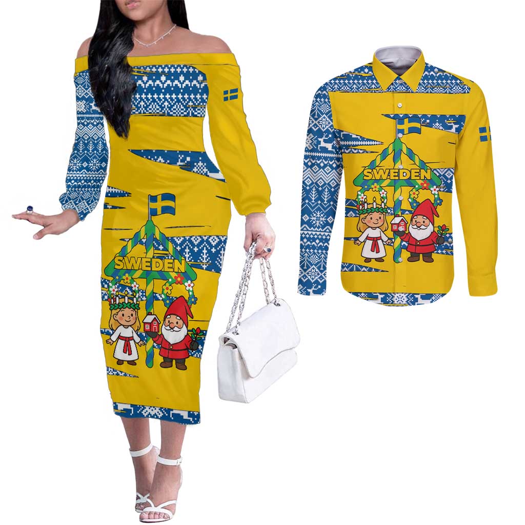 Sweden Christmas Couples Matching Off The Shoulder Long Sleeve Dress and Long Sleeve Button Shirt with Santa Lucia Girl Midsummer Pole Swedish Flag and Nordic Pattern Design - Wonder Print Shop