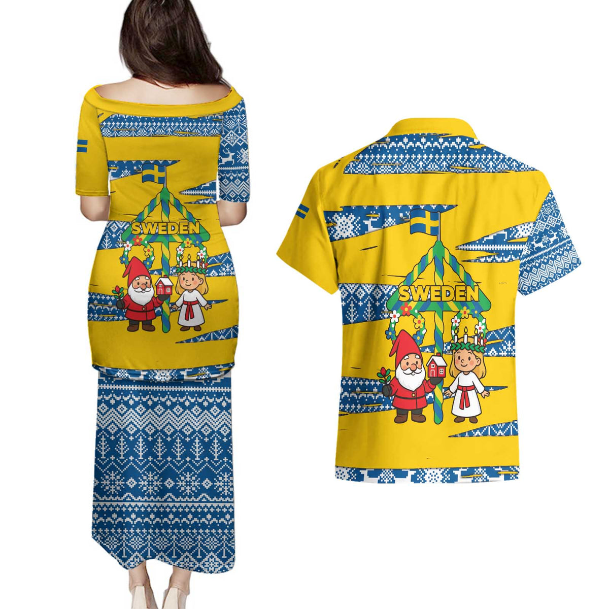 Sweden Christmas Couples Matching Puletasi and Hawaiian Shirt with Santa Lucia Girl Midsummer Pole Swedish Flag and Nordic Pattern Design - Wonder Print Shop