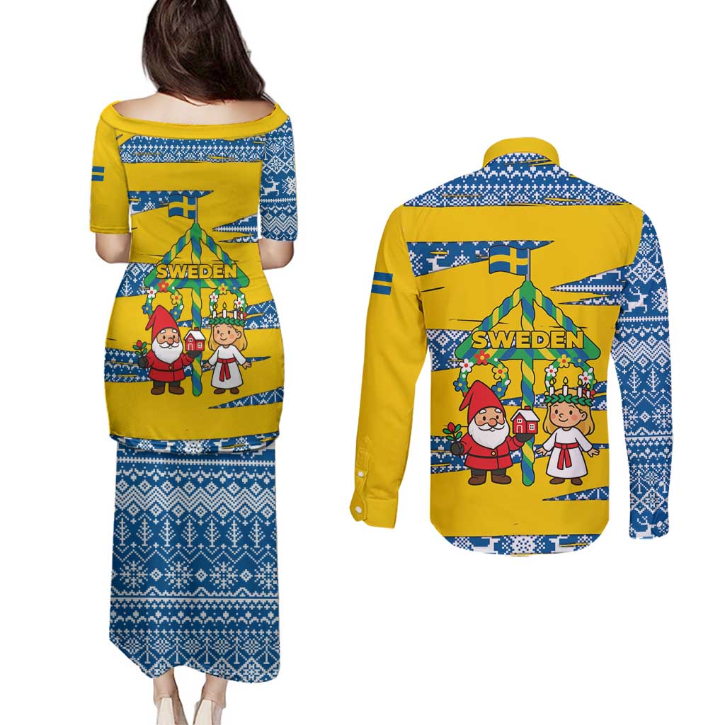 Sweden Christmas Couples Matching Puletasi and Long Sleeve Button Shirt with Santa Lucia Girl Midsummer Pole Swedish Flag and Nordic Pattern Design - Wonder Print Shop