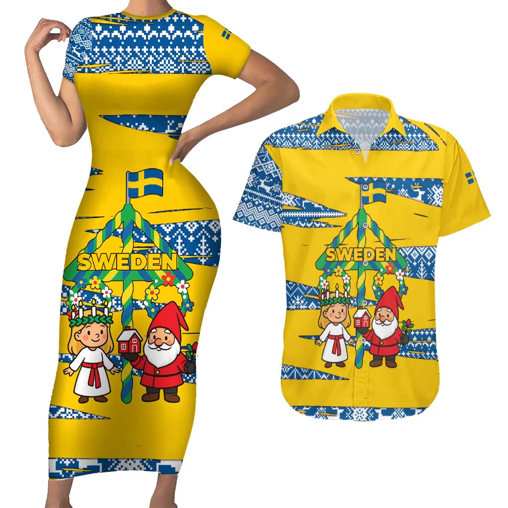 Sweden Christmas Couples Matching Short Sleeve Bodycon Dress and Hawaiian Shirt with Santa Lucia Girl Midsummer Pole Swedish Flag and Nordic Pattern Design - Wonder Print Shop