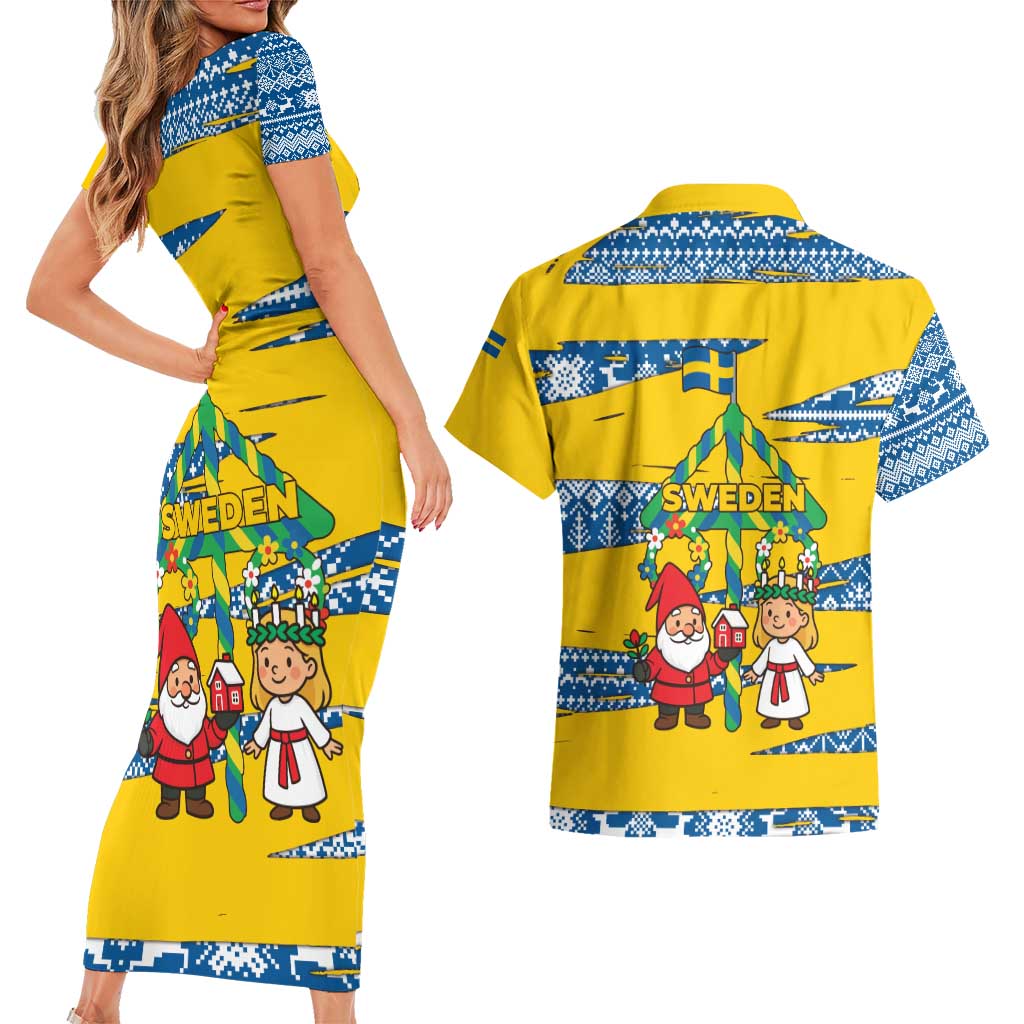 Sweden Christmas Couples Matching Short Sleeve Bodycon Dress and Hawaiian Shirt with Santa Lucia Girl Midsummer Pole Swedish Flag and Nordic Pattern Design - Wonder Print Shop