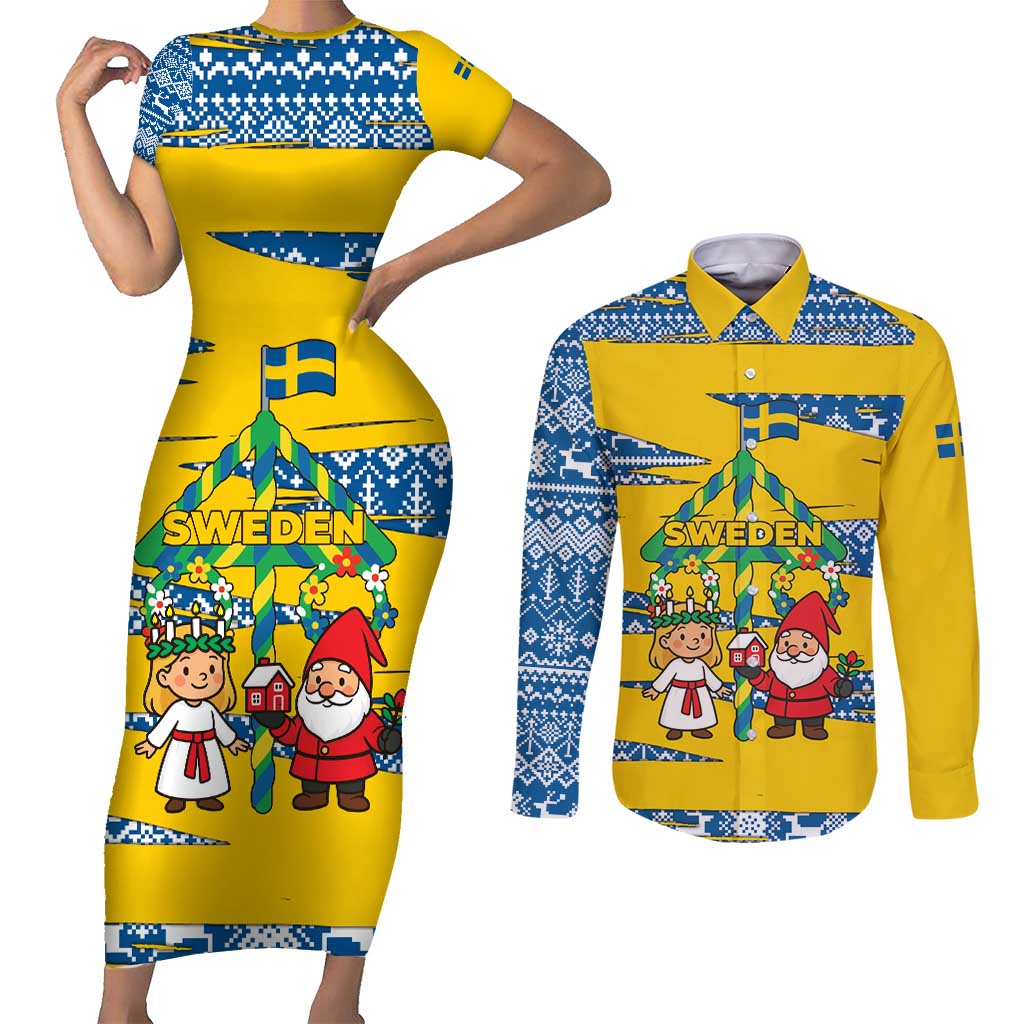 Sweden Christmas Couples Matching Short Sleeve Bodycon Dress and Long Sleeve Button Shirt with Santa Lucia Girl Midsummer Pole Swedish Flag and Nordic Pattern Design - Wonder Print Shop