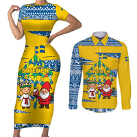 Sweden Christmas Couples Matching Short Sleeve Bodycon Dress and Long Sleeve Button Shirt with Santa Lucia Girl Midsummer Pole Swedish Flag and Nordic Pattern Design - Wonder Print Shop