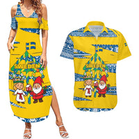 Sweden Christmas Couples Matching Summer Maxi Dress and Hawaiian Shirt with Santa Lucia Girl Midsummer Pole Swedish Flag and Nordic Pattern Design - Wonder Print Shop