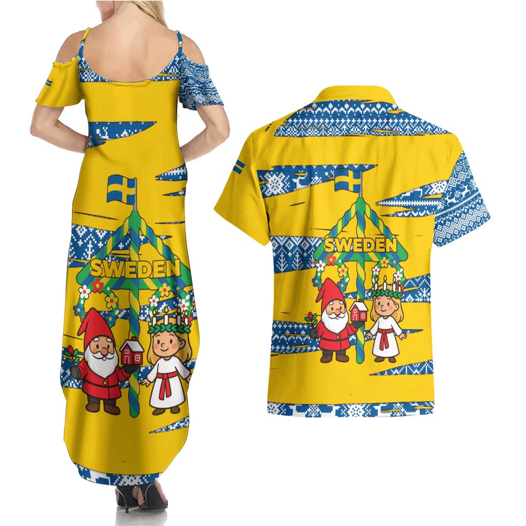 Sweden Christmas Couples Matching Summer Maxi Dress and Hawaiian Shirt with Santa Lucia Girl Midsummer Pole Swedish Flag and Nordic Pattern Design - Wonder Print Shop