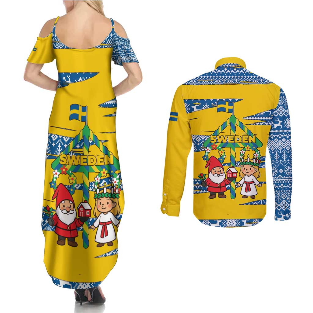 Sweden Christmas Couples Matching Summer Maxi Dress and Long Sleeve Button Shirt with Santa Lucia Girl Midsummer Pole Swedish Flag and Nordic Pattern Design - Wonder Print Shop