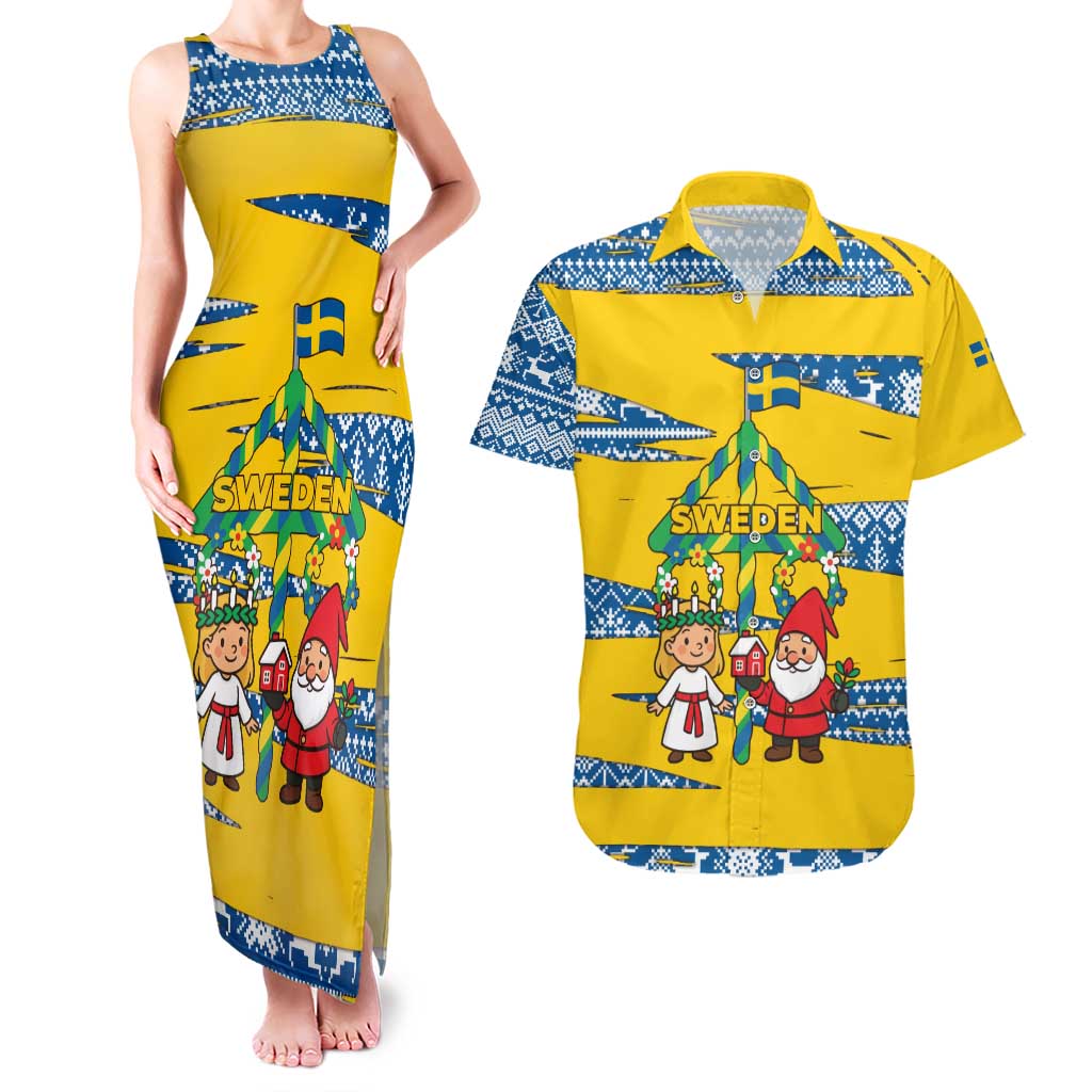 Sweden Christmas Couples Matching Tank Maxi Dress and Hawaiian Shirt with Santa Lucia Girl Midsummer Pole Swedish Flag and Nordic Pattern Design - Wonder Print Shop