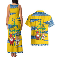 Sweden Christmas Couples Matching Tank Maxi Dress and Hawaiian Shirt with Santa Lucia Girl Midsummer Pole Swedish Flag and Nordic Pattern Design - Wonder Print Shop