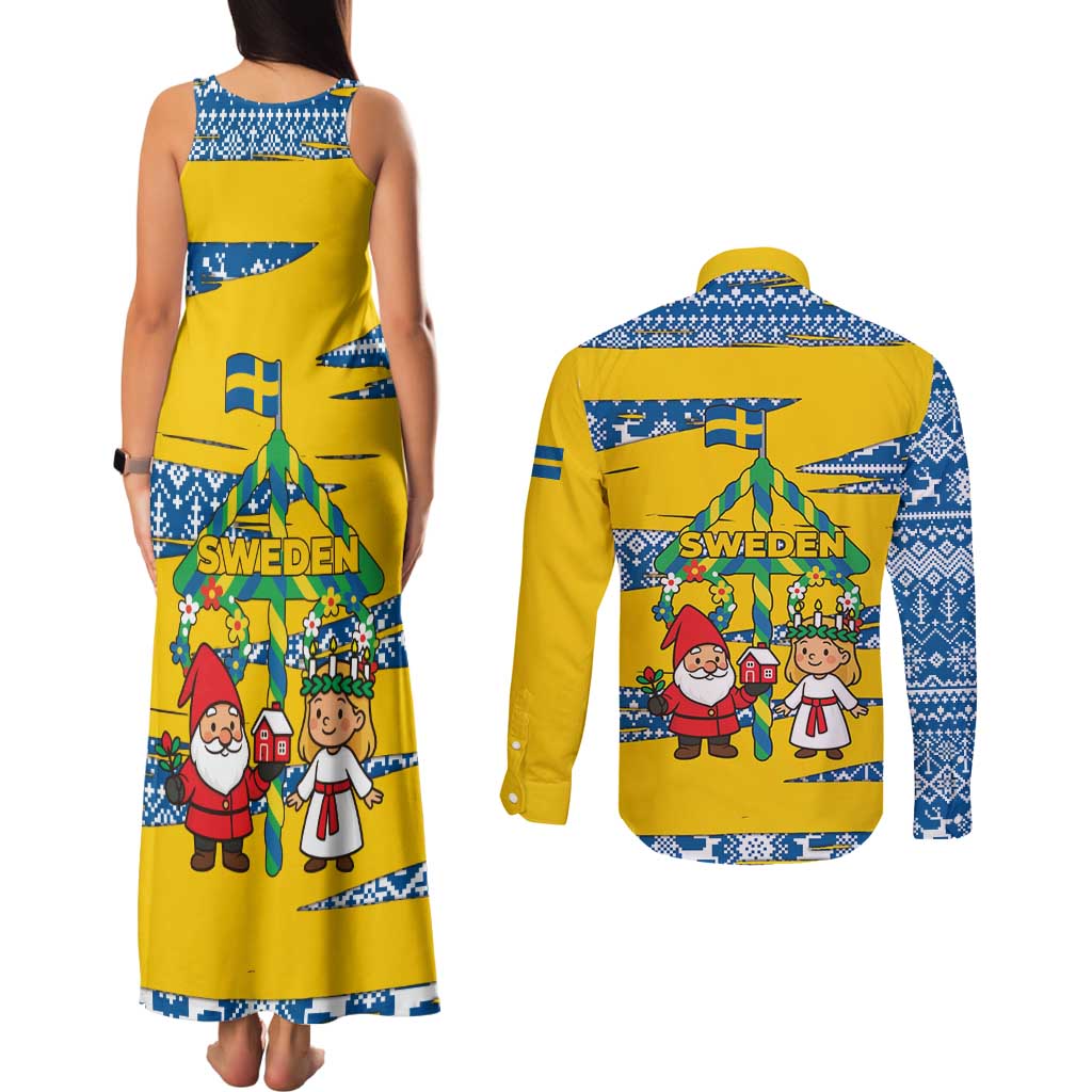 Sweden Christmas Couples Matching Tank Maxi Dress and Long Sleeve Button Shirt with Santa Lucia Girl Midsummer Pole Swedish Flag and Nordic Pattern Design - Wonder Print Shop