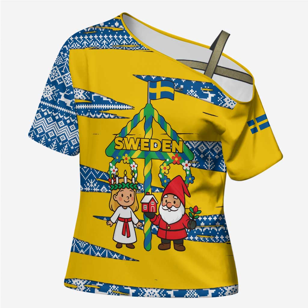 Sweden Christmas Cross Shoulder Shirt with Santa Lucia Girl Midsummer Pole Swedish Flag and Nordic Pattern Design - Wonder Print Shop