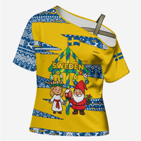 Sweden Christmas Cross Shoulder Shirt with Santa Lucia Girl Midsummer Pole Swedish Flag and Nordic Pattern Design - Wonder Print Shop