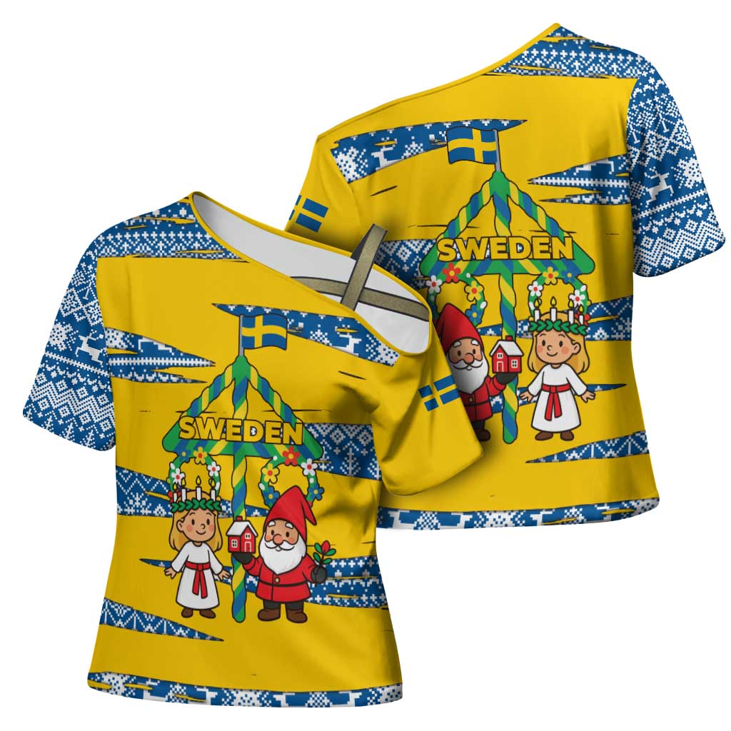 Sweden Christmas Cross Shoulder Shirt with Santa Lucia Girl Midsummer Pole Swedish Flag and Nordic Pattern Design - Wonder Print Shop