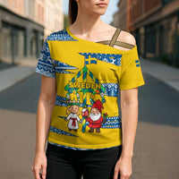 Sweden Christmas Cross Shoulder Shirt with Santa Lucia Girl Midsummer Pole Swedish Flag and Nordic Pattern Design - Wonder Print Shop