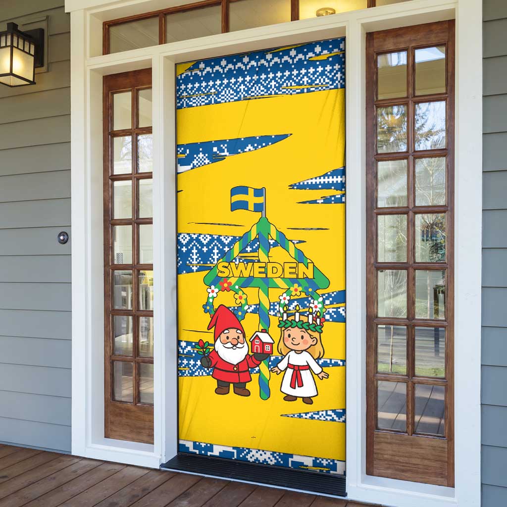 Sweden Christmas Door Cover with Santa Lucia Girl Midsummer Pole Swedish Flag and Nordic Pattern Design - Wonder Print Shop