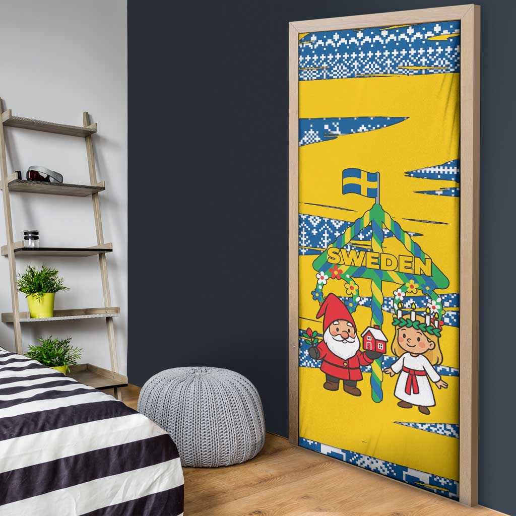 Sweden Christmas Door Cover with Santa Lucia Girl Midsummer Pole Swedish Flag and Nordic Pattern Design - Wonder Print Shop