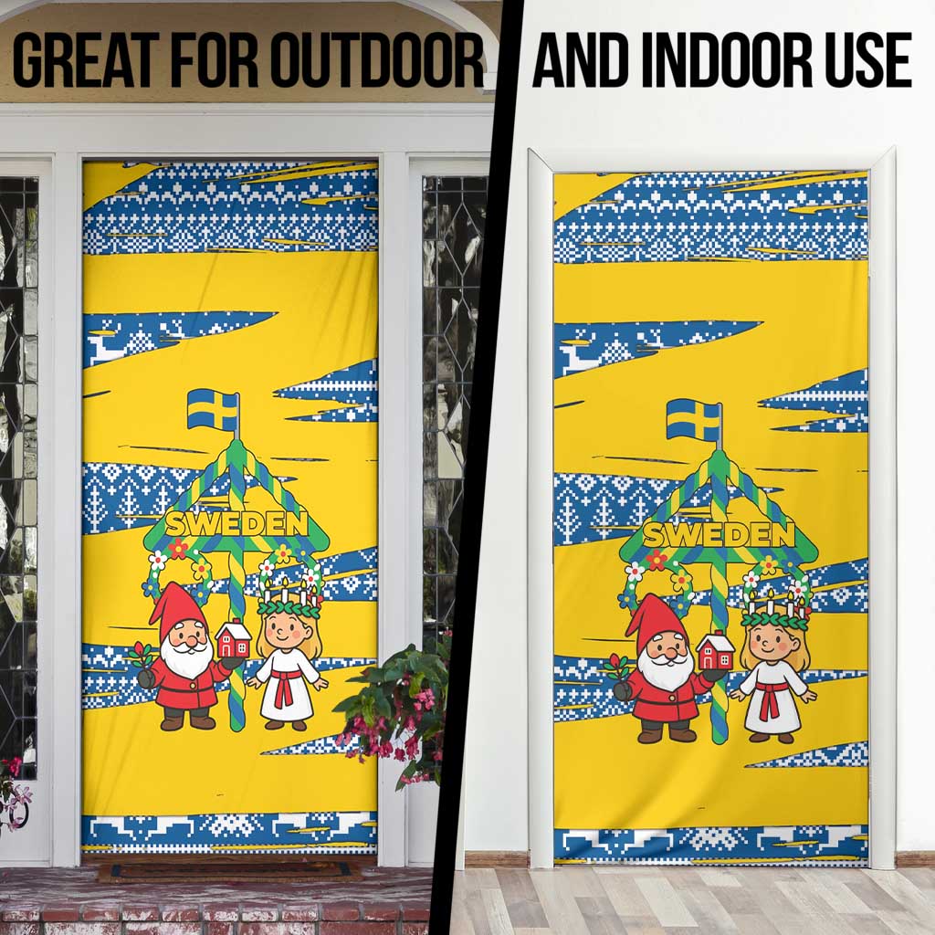 Sweden Christmas Door Cover with Santa Lucia Girl Midsummer Pole Swedish Flag and Nordic Pattern Design - Wonder Print Shop