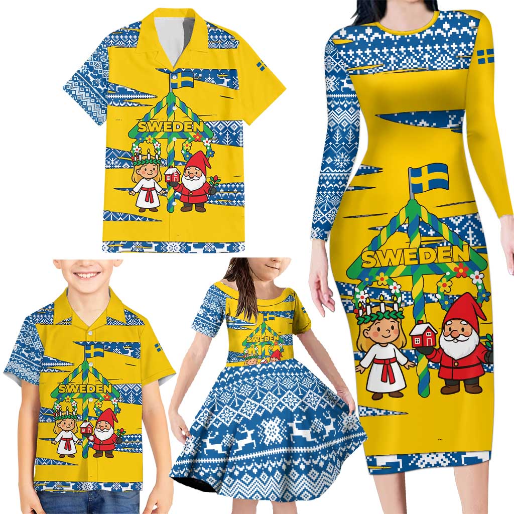 Sweden Christmas Family Matching Long Sleeve Bodycon Dress and Hawaiian Shirt with Santa Lucia Girl Midsummer Pole Swedish Flag and Nordic Pattern Design - Wonder Print Shop
