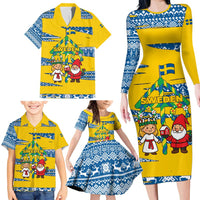 Sweden Christmas Family Matching Long Sleeve Bodycon Dress and Hawaiian Shirt with Santa Lucia Girl Midsummer Pole Swedish Flag and Nordic Pattern Design - Wonder Print Shop